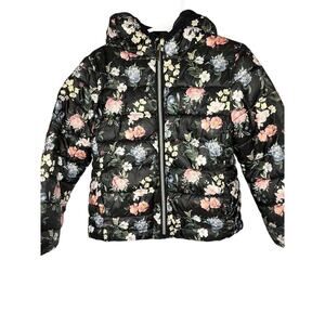Primark, Floral Puffer Jacket, Black Multicolor, Polyester, Hooded Winter Coat